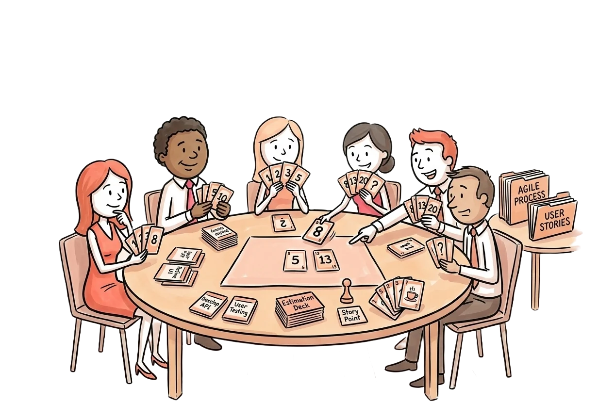 A diverse agile team sitting around a table playing planning poker — each person holds up Fibonacci estimation cards during a sprint planning session