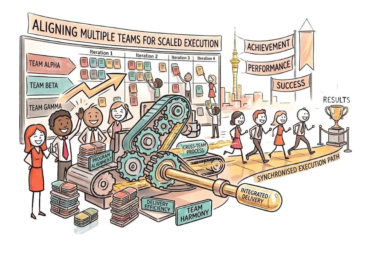 Cartoon Sketch of Participants at Teamworx SAFe training workshop