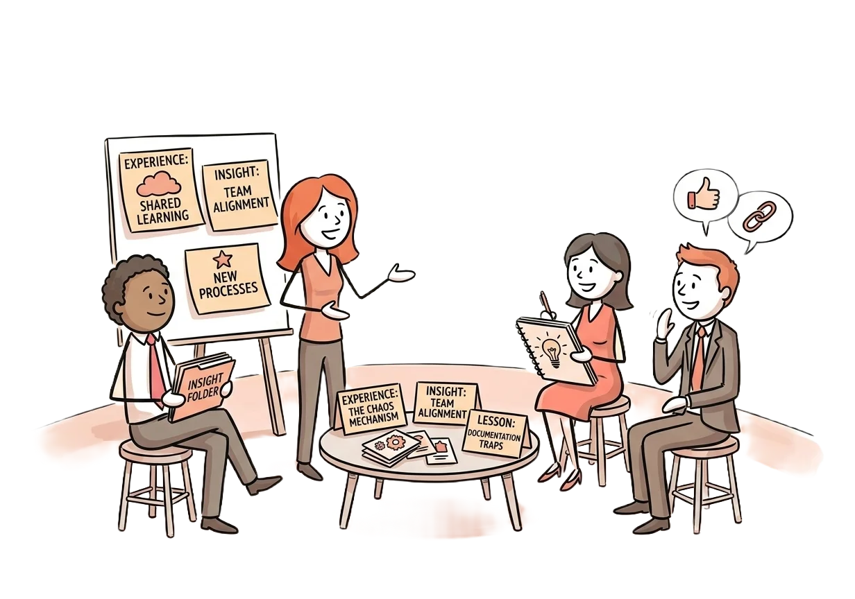 Cartoon illustration of a team sharing knowledge and insights at a workshop