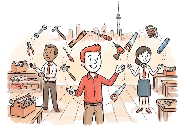 Cartoon illustration of a team juggling digital collaboration tools with the Auckland skyline in the background